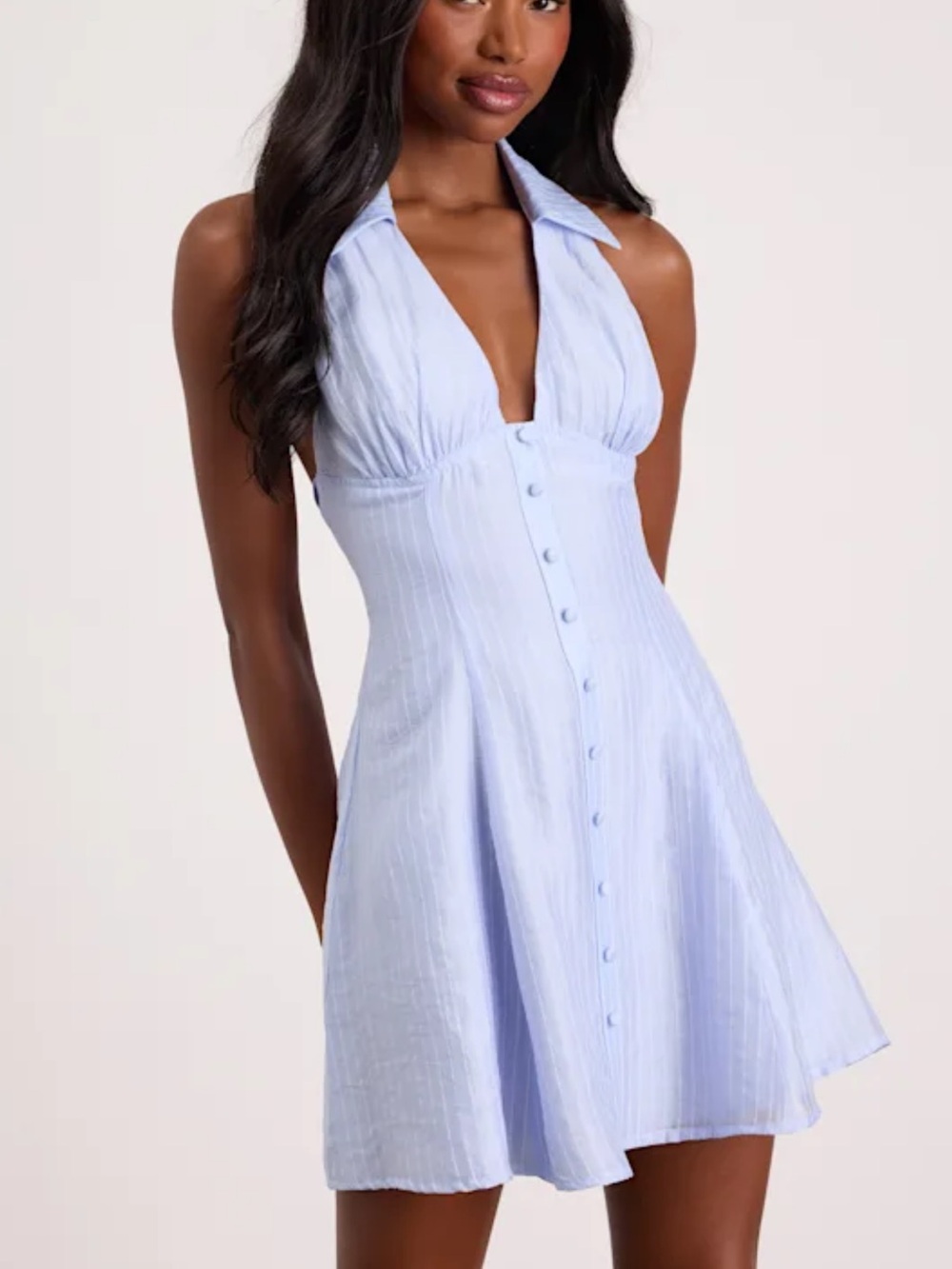Light Blue Striped Collared Mini Dress - Picture 2 of 5